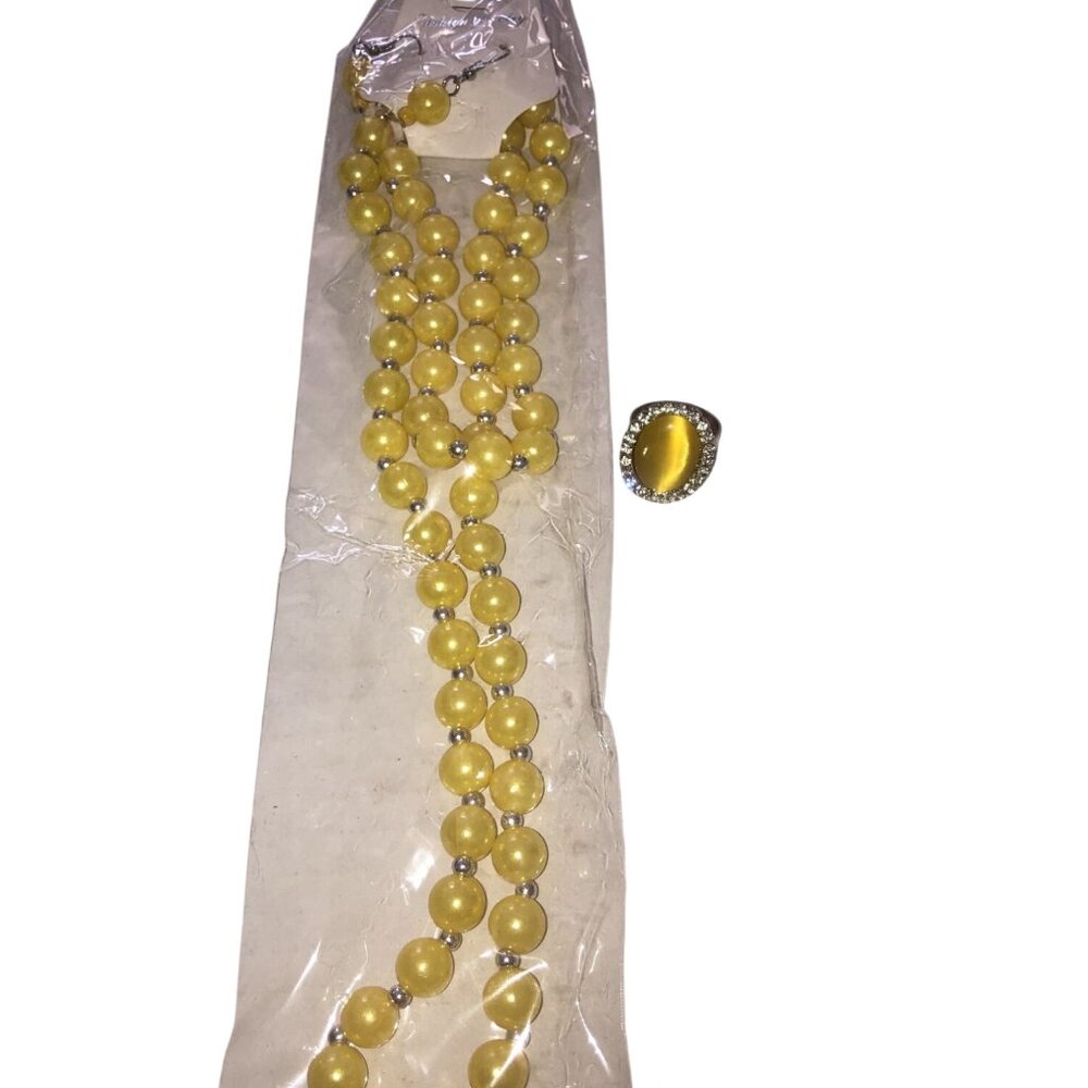 Fashion Jewelry Yellow Bead Necklace‎ Set With Matching Ring & Earrings